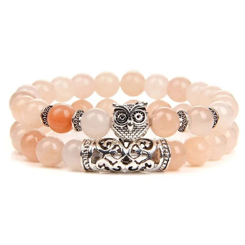 Pink Owl Charm Zebra Stone Beads Bracelet Women Fashion