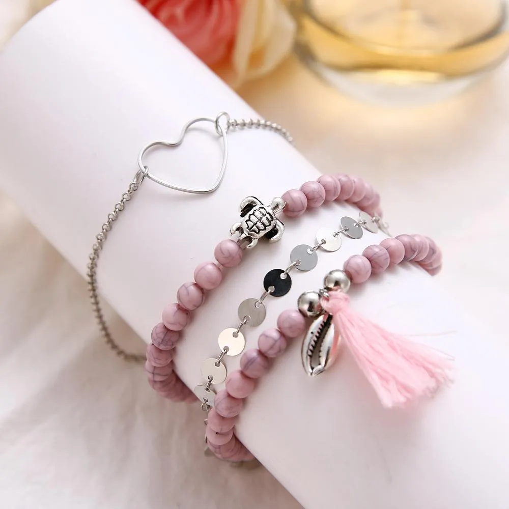 Pink Tassel Bracelet Set - 18K White Gold Plated, Made in Italy, Hypoallergenic & Comfort Fit Jewelry