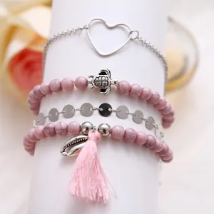 Pink Tassel Bracelet Set - 18K White Gold Plated, Made in Italy, Hypoallergenic & Comfort Fit Jewelry
