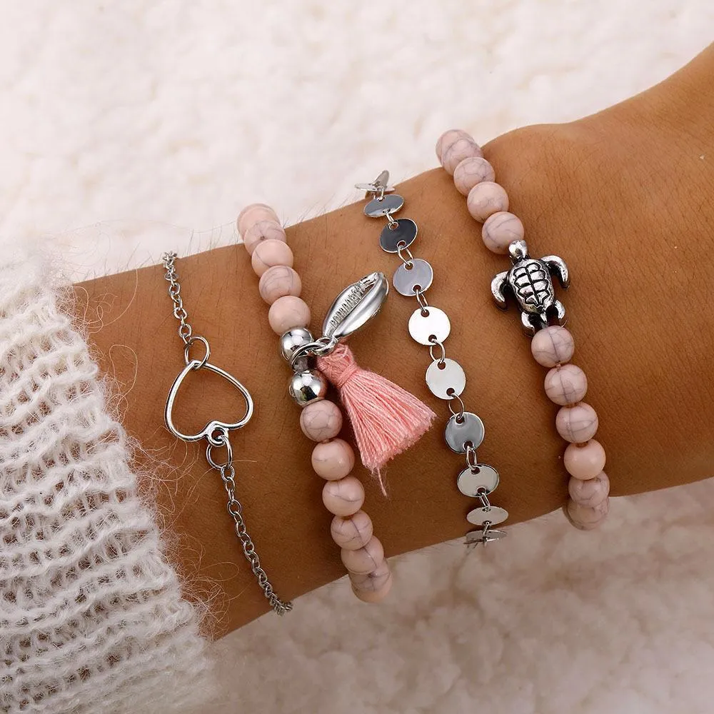 Pink Tassel Bracelet Set - 18K White Gold Plated, Made in Italy, Hypoallergenic & Comfort Fit Jewelry