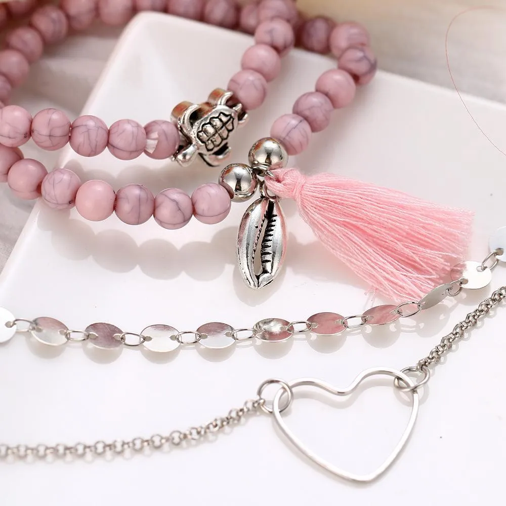 Pink Tassel Bracelet Set - 18K White Gold Plated, Made in Italy, Hypoallergenic & Comfort Fit Jewelry