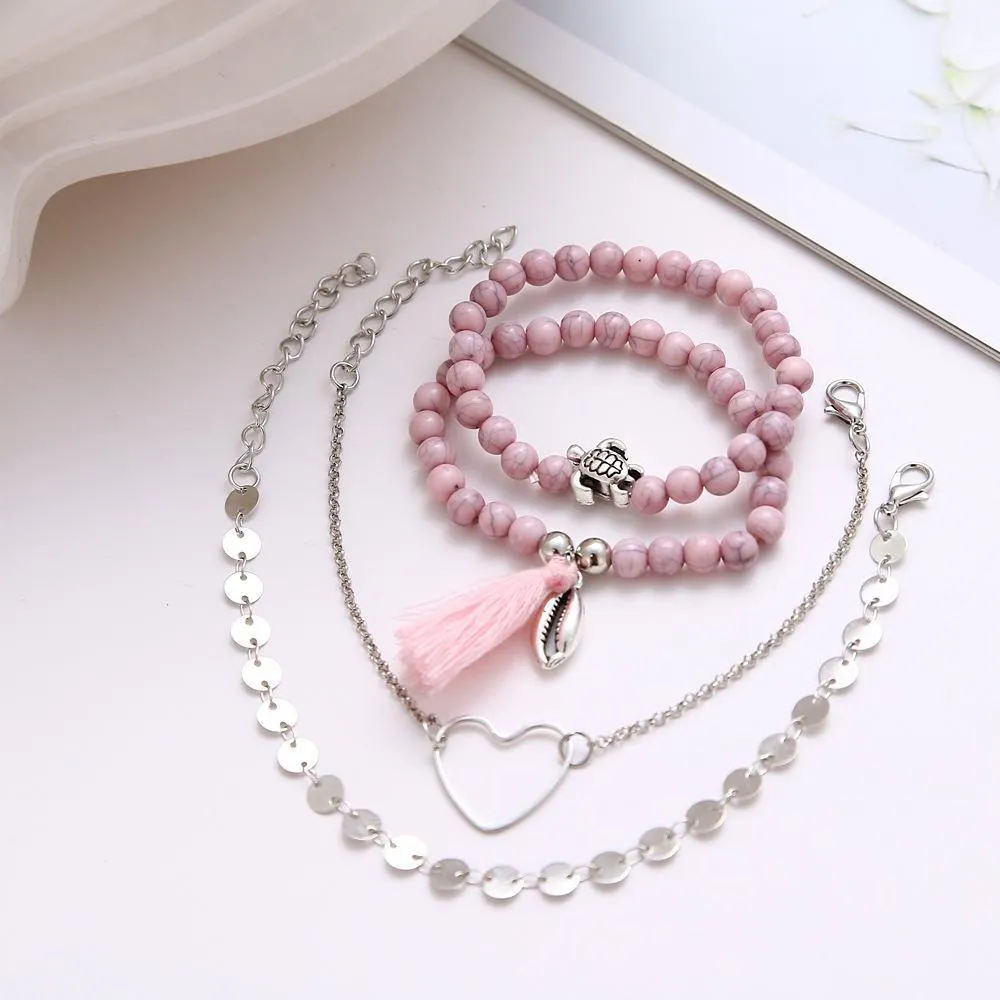 Pink Tassel Bracelet Set - 18K White Gold Plated, Made in Italy, Hypoallergenic & Comfort Fit Jewelry