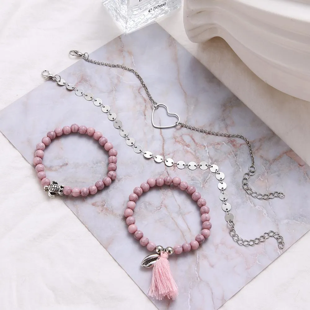 Pink Tassel Bracelet Set - 18K White Gold Plated, Made in Italy, Hypoallergenic & Comfort Fit Jewelry
