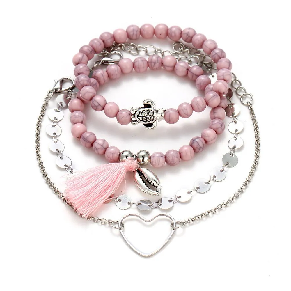 Pink Tassel Bracelet Set - 18K White Gold Plated, Made in Italy, Hypoallergenic & Comfort Fit Jewelry