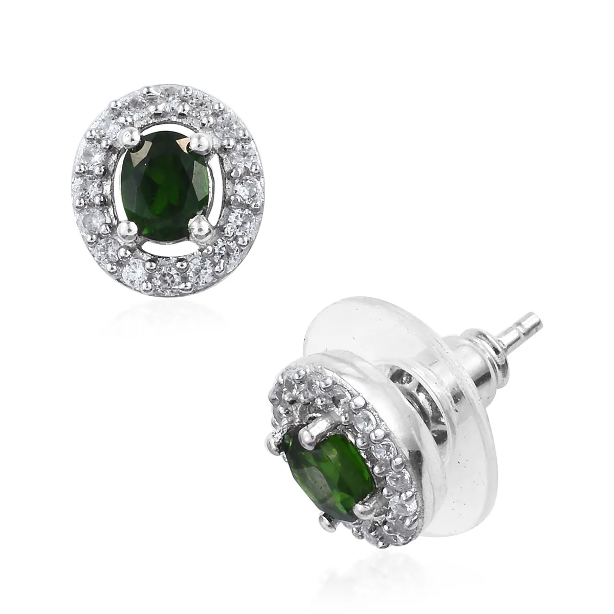 Platinum over Sterling Silver CHROME DIOPSIDE & ZIRCON Halo Earrings
