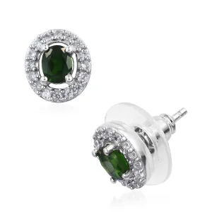 Platinum over Sterling Silver CHROME DIOPSIDE & ZIRCON Halo Earrings