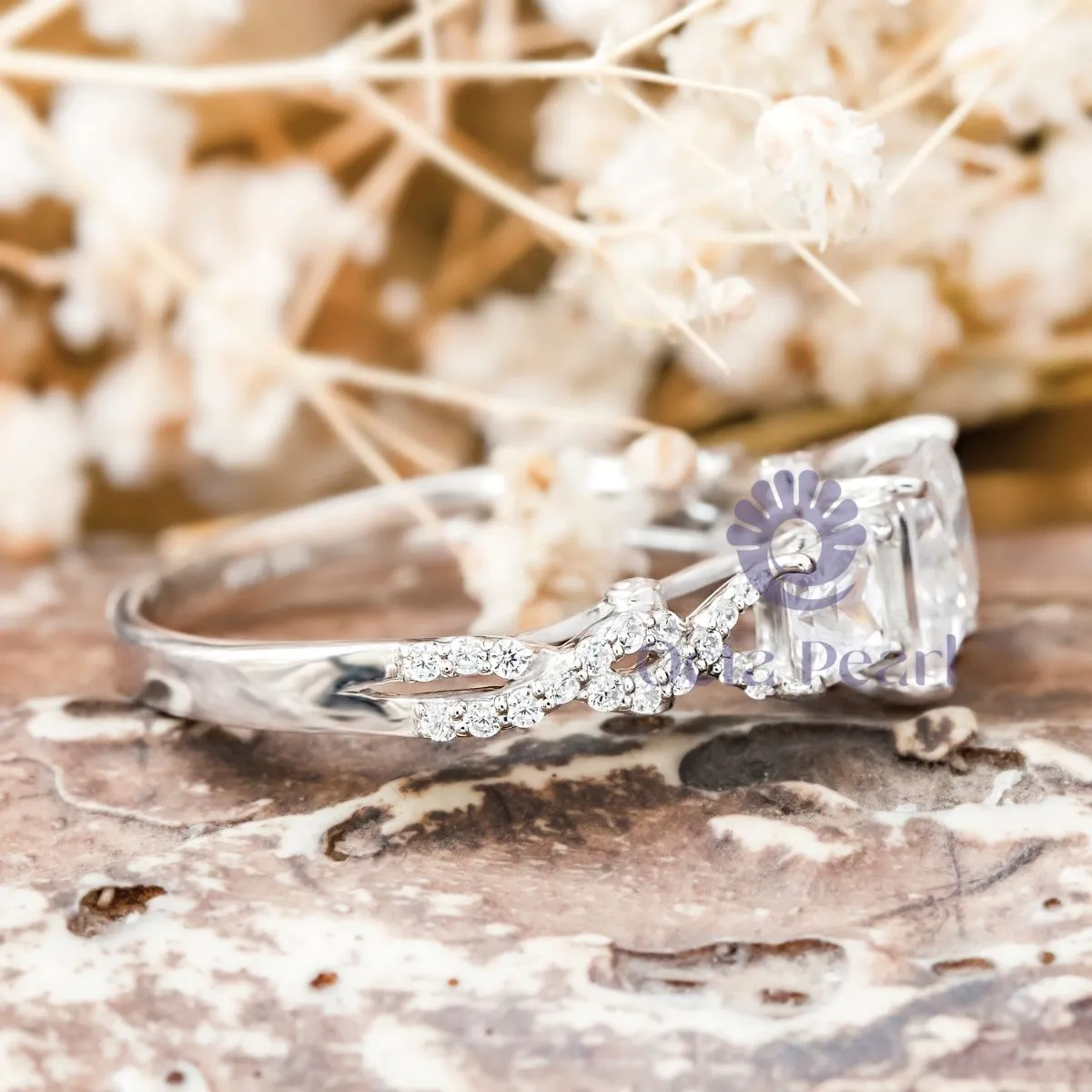 Princess CZ Three Stone Twisted Shank Wedding Ring