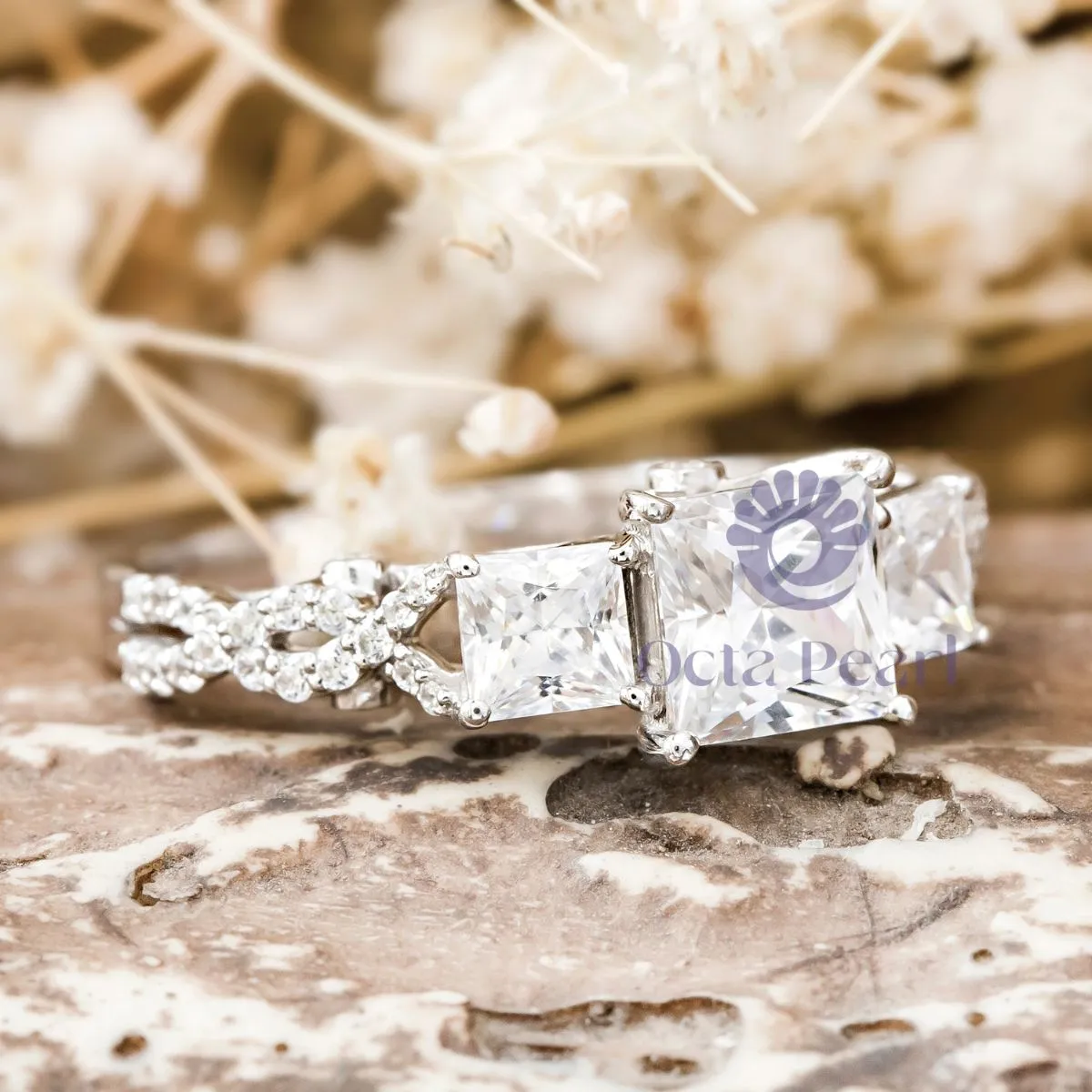 Princess CZ Three Stone Twisted Shank Wedding Ring