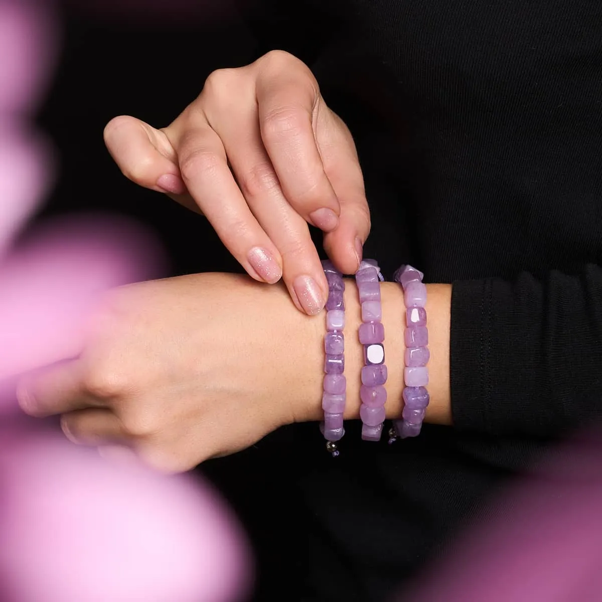 Purple Quartz | Silver | Gemstone Pebble Macrame Bracelet