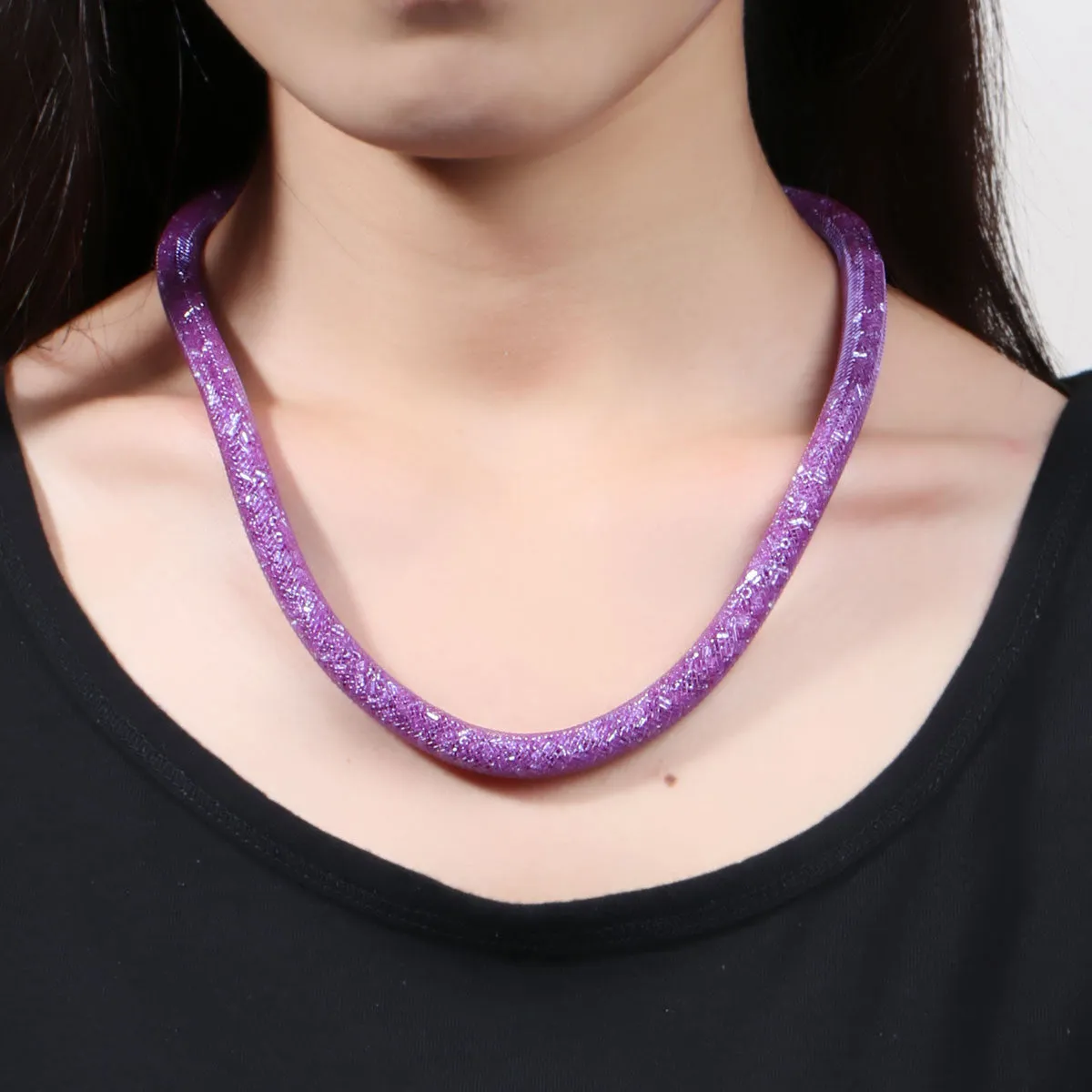 Purple Shiny Rhinestone Crystal Star GlitterMesh Magnetic Necklace