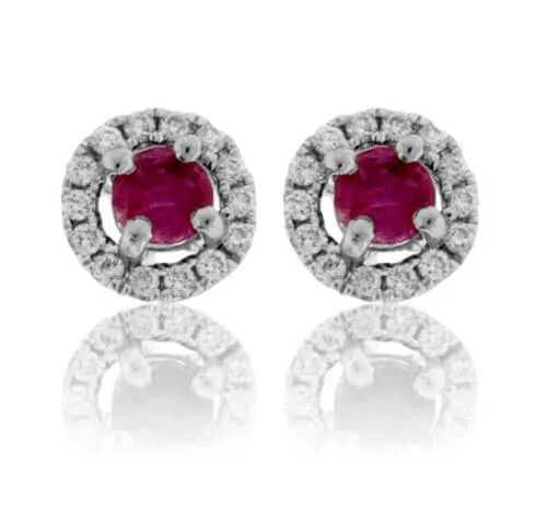 Red Emerald with Diamond Halo Post Earrings