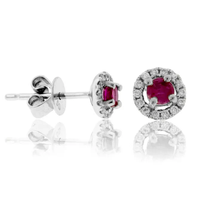 Red Emerald with Diamond Halo Post Earrings