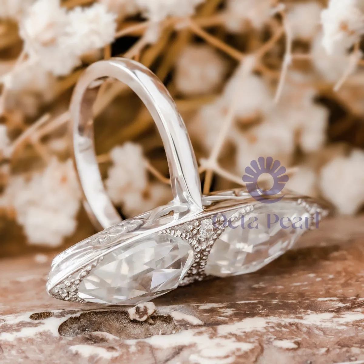 Rose Cut Pear & Round Moissanite Art Deco Navette Ring