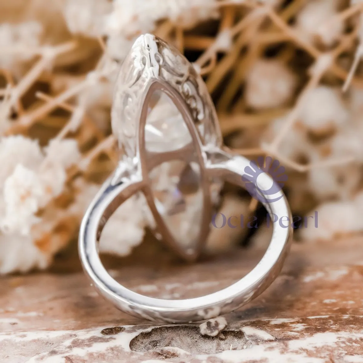 Rose Cut Pear & Round Moissanite Art Deco Navette Ring