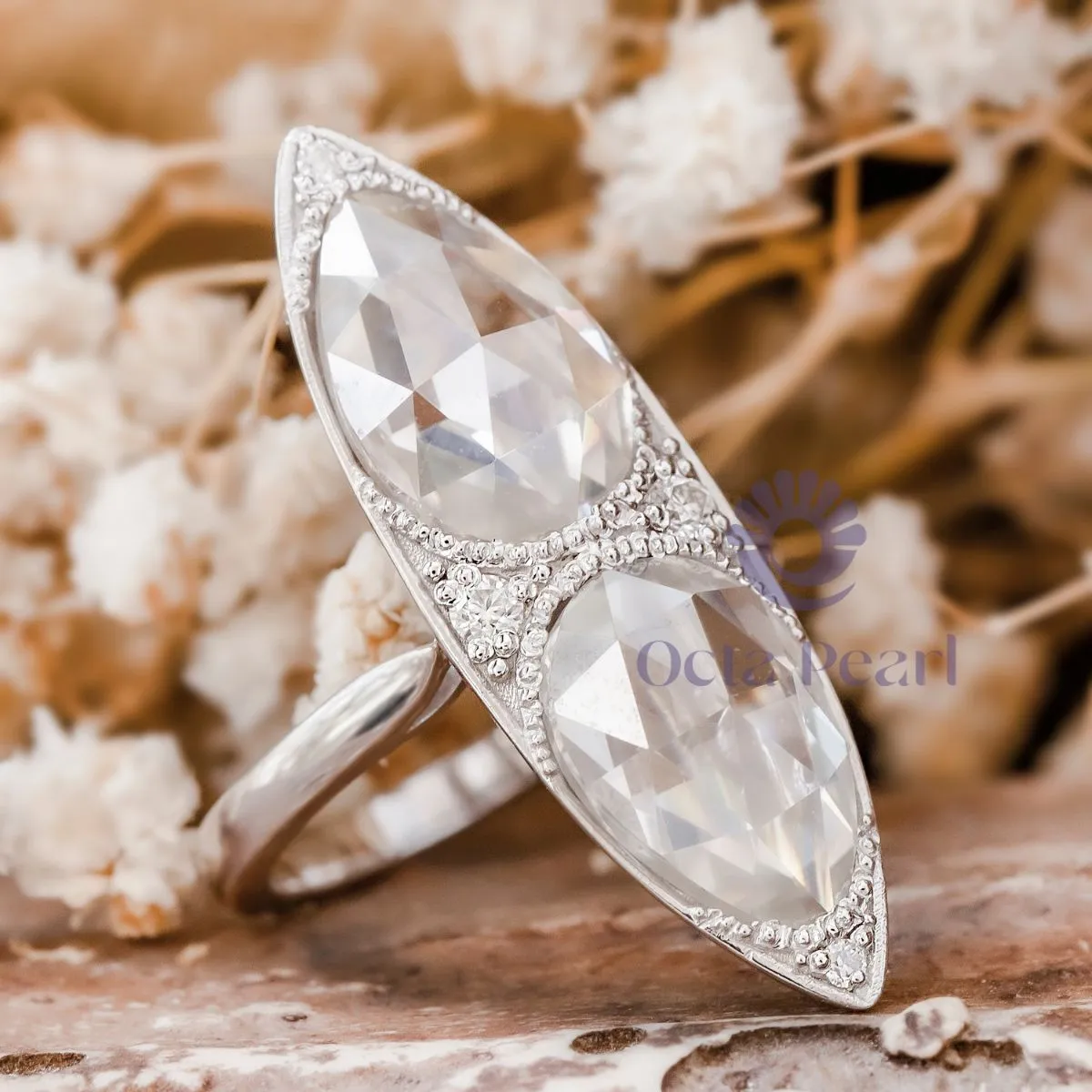 Rose Cut Pear & Round Moissanite Art Deco Navette Ring