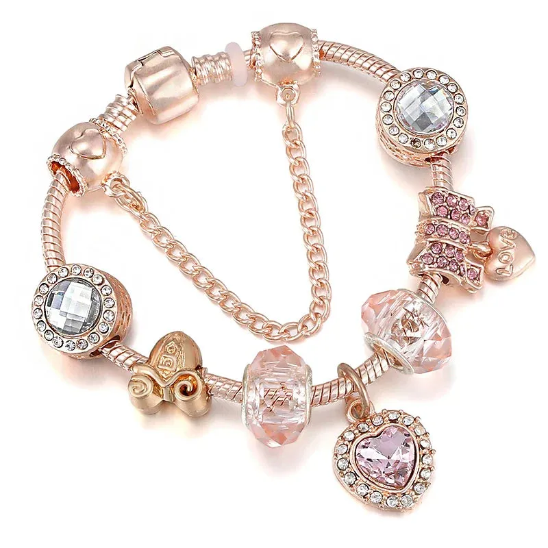 Rose golden butterfly Charm Bracelet With An crown Beads Fits Fine Bracelet Women Party