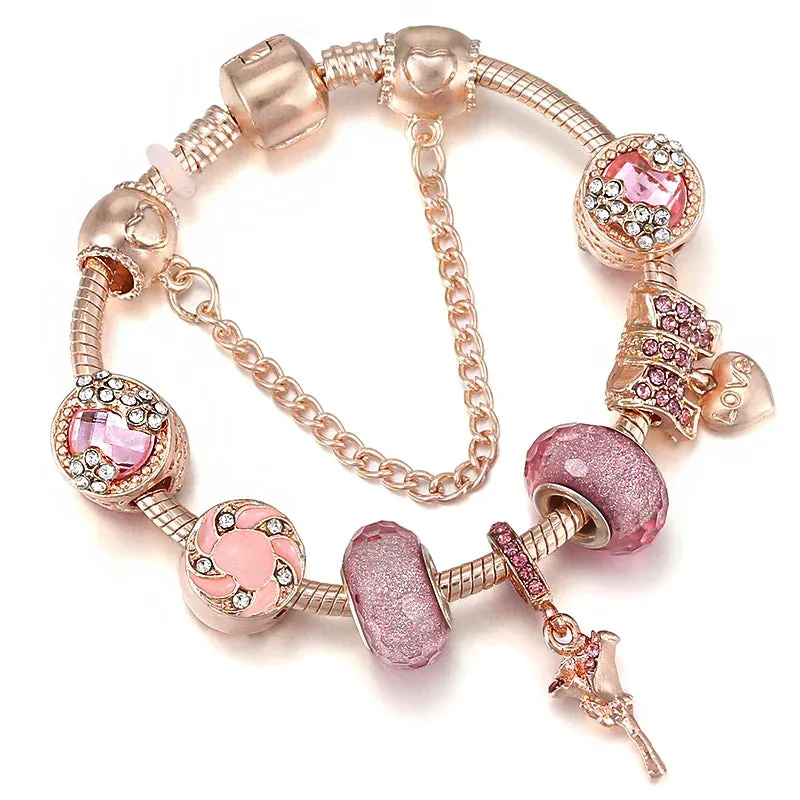 Rose golden butterfly Charm Bracelet With An crown Beads Fits Fine Bracelet Women Party