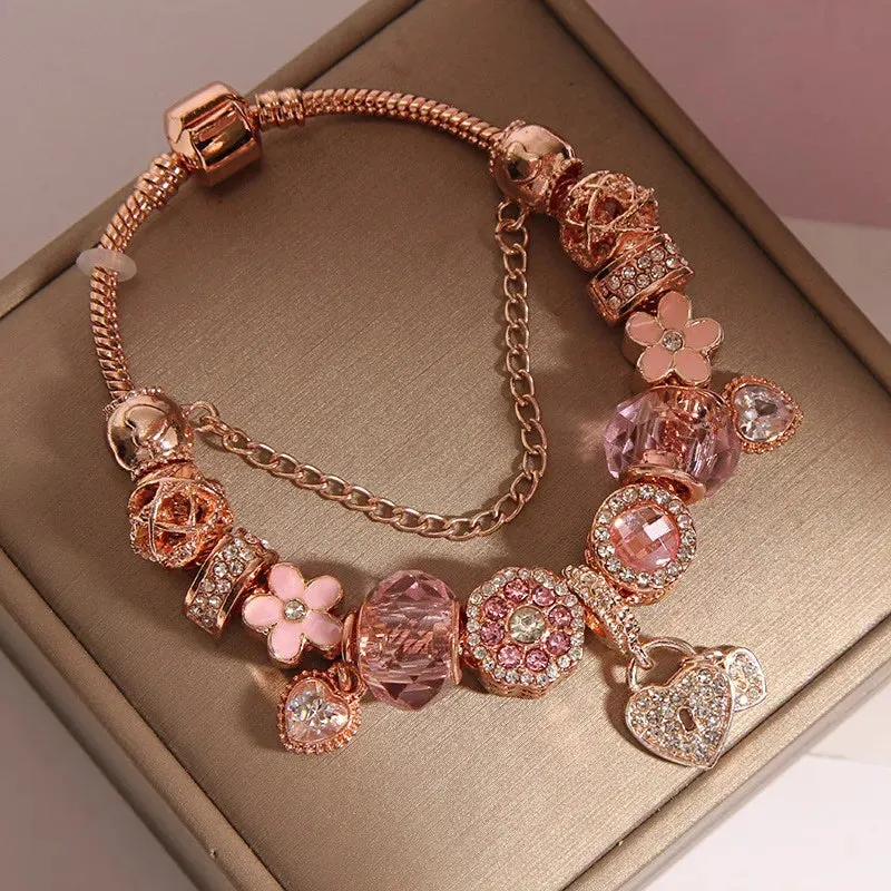 Rose golden butterfly Charm Bracelet With An crown Beads Fits Fine Bracelet Women Party