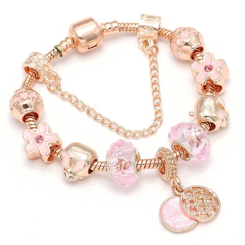 Rose golden butterfly Charm Bracelet With An crown Beads Fits Fine Bracelet Women Party