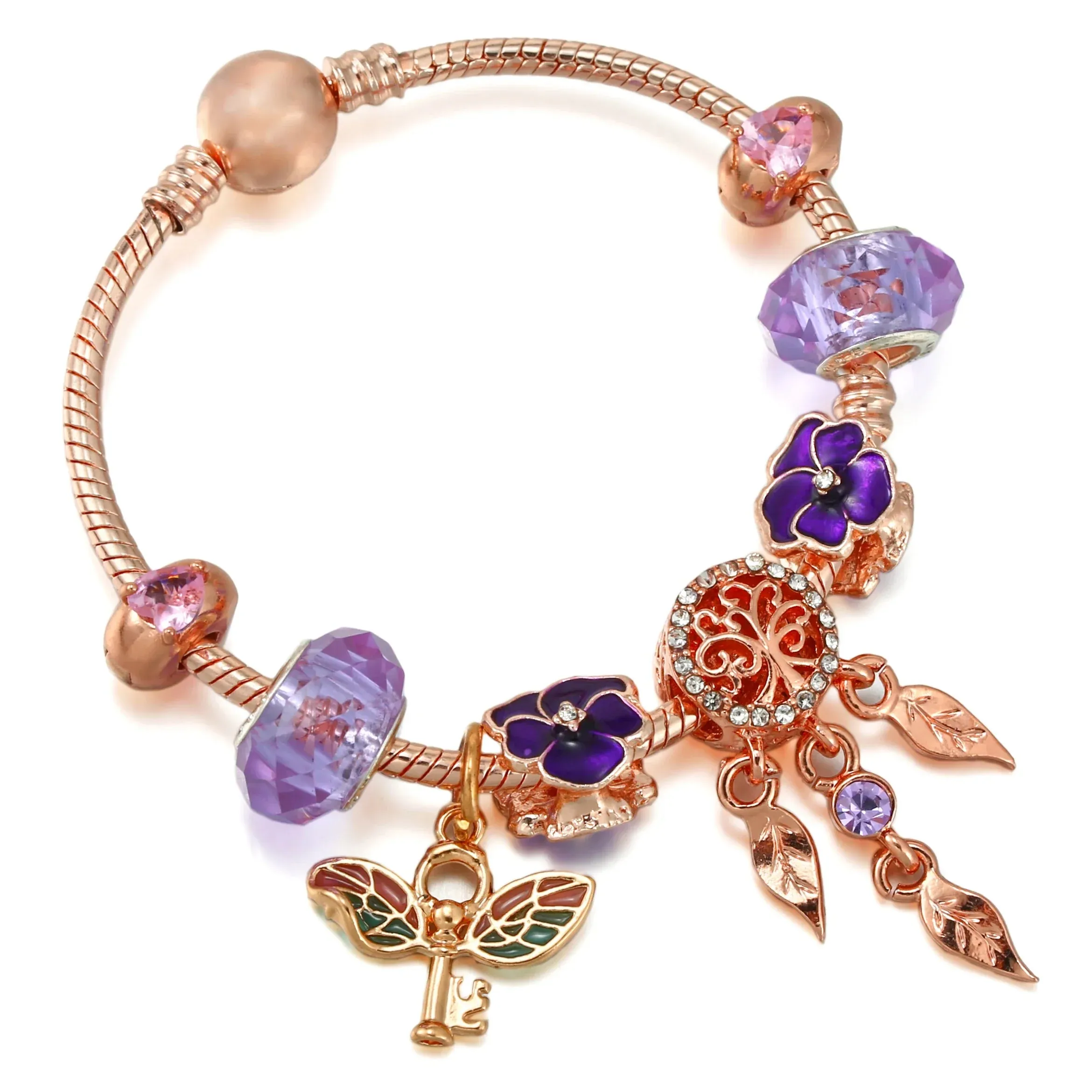 Rose golden butterfly Charm Bracelet With An crown Beads Fits Fine Bracelet Women Party