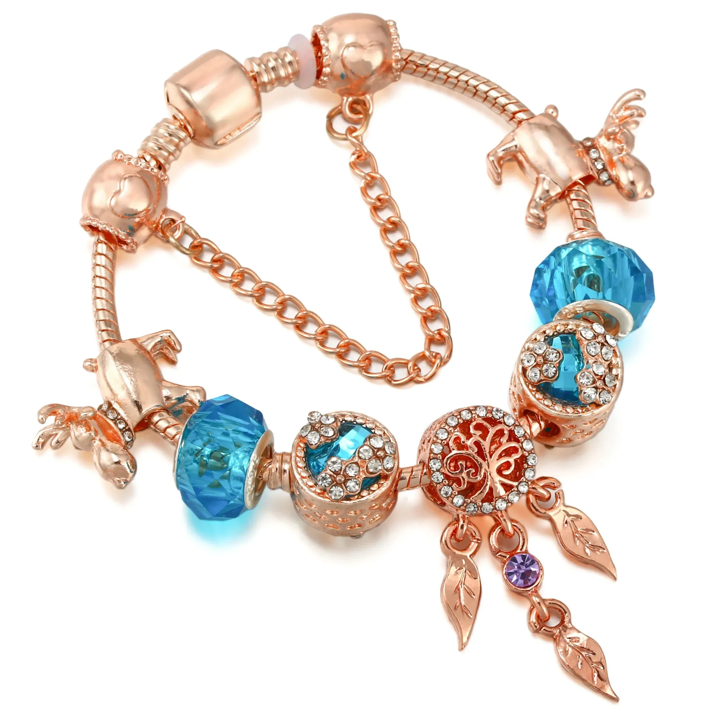 Rose golden butterfly Charm Bracelet With An crown Beads Fits Fine Bracelet Women Party