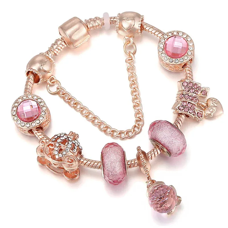 Rose golden butterfly Charm Bracelet With An crown Beads Fits Fine Bracelet Women Party