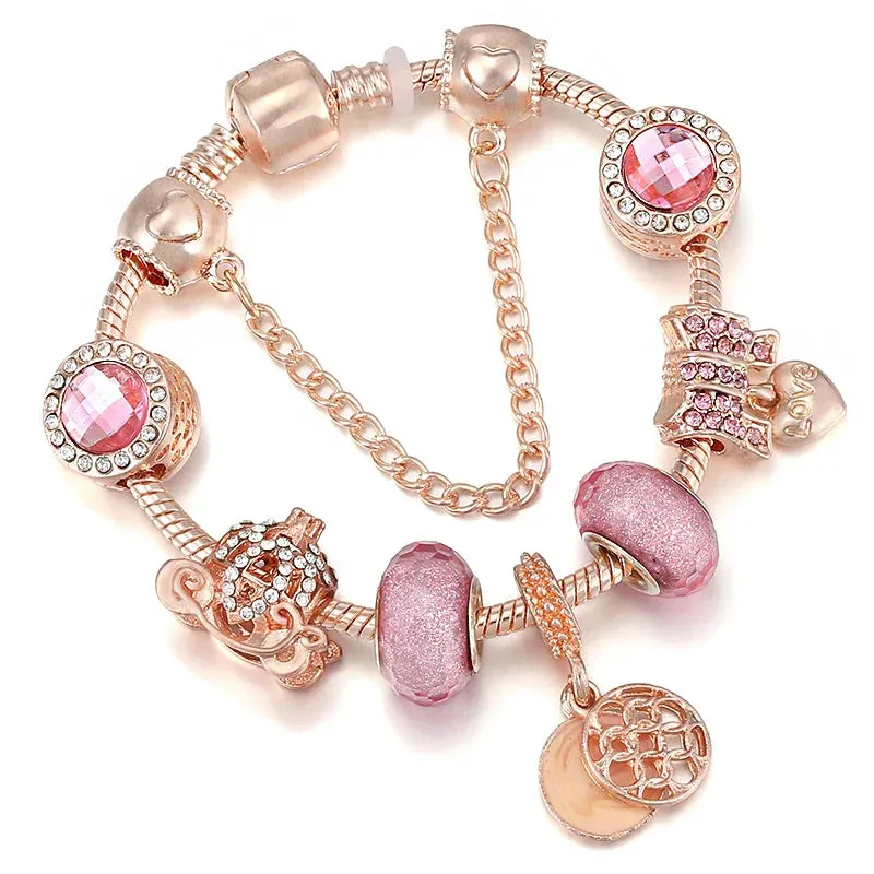 Rose golden butterfly Charm Bracelet With An crown Beads Fits Fine Bracelet Women Party
