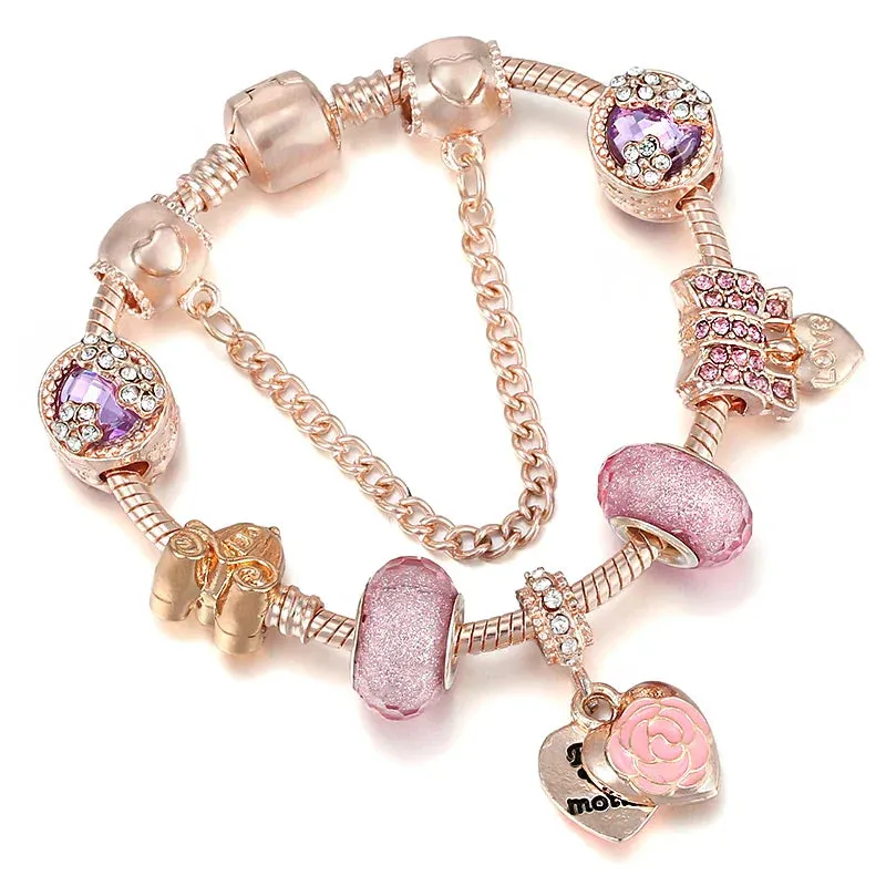 Rose golden butterfly Charm Bracelet With An crown Beads Fits Fine Bracelet Women Party