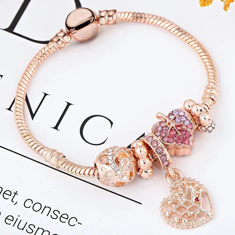 Rose golden butterfly Charm Bracelet With An crown Beads Fits Fine Bracelet Women Party