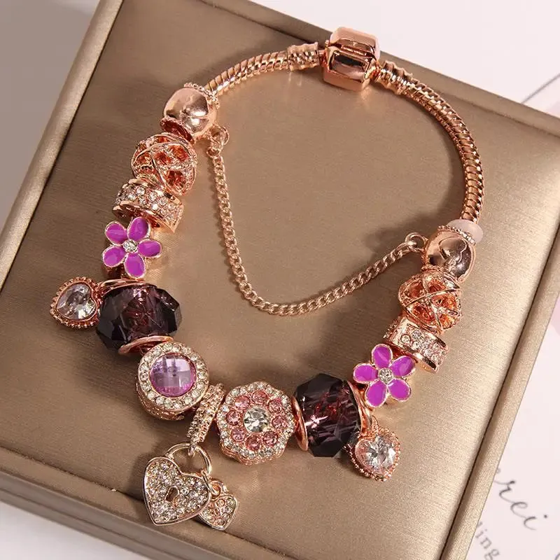 Rose golden butterfly Charm Bracelet With An crown Beads Fits Fine Bracelet Women Party