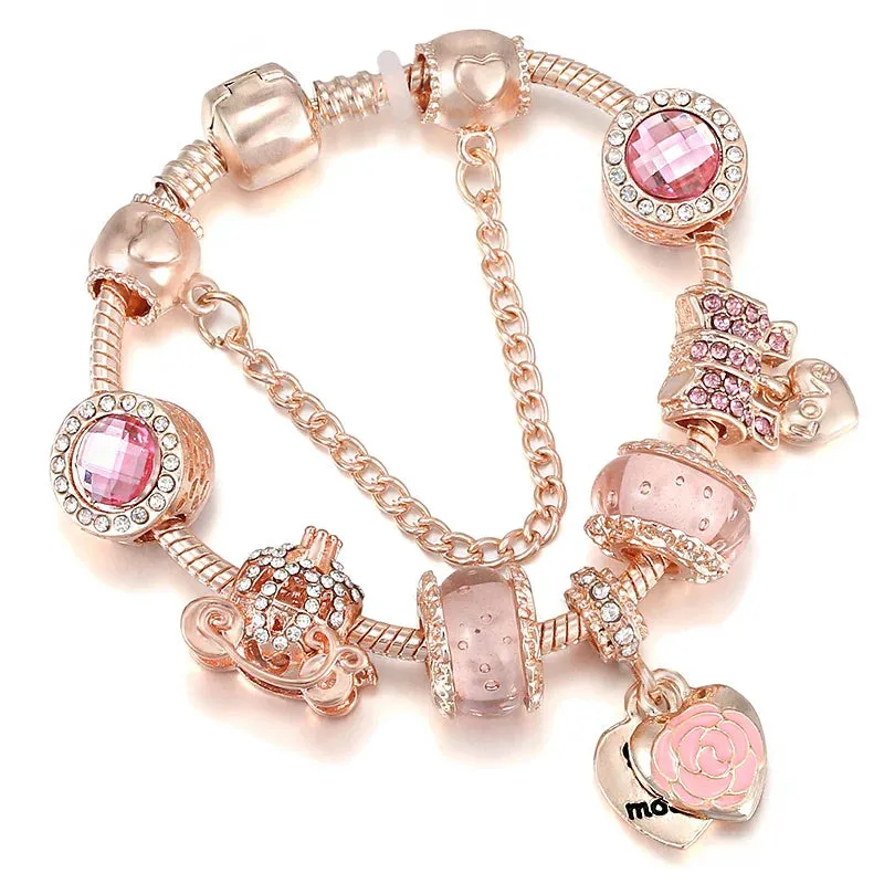 Rose golden butterfly Charm Bracelet With An crown Beads Fits Fine Bracelet Women Party
