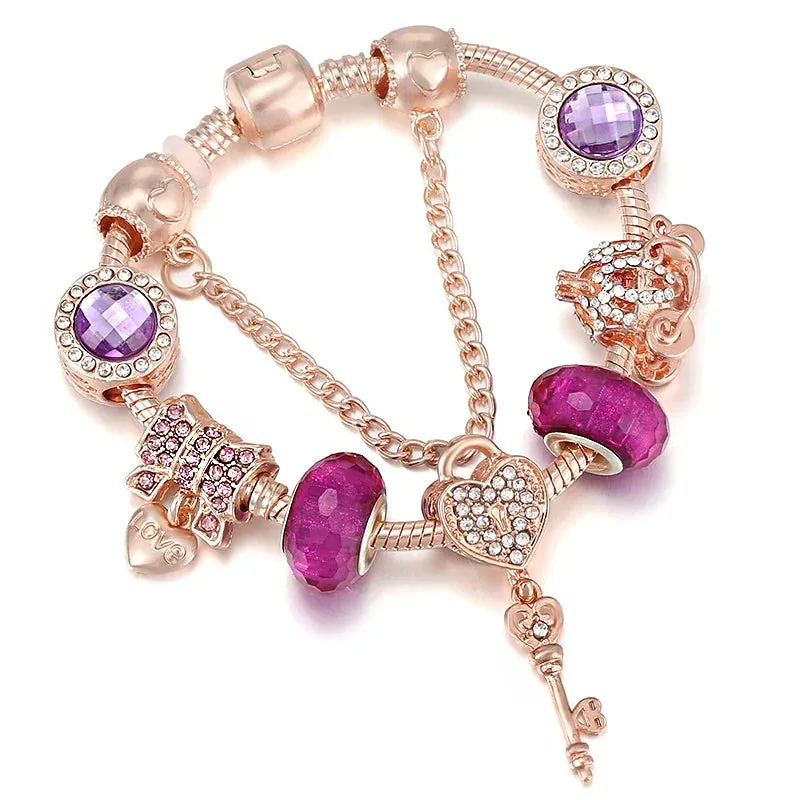 Rose golden butterfly Charm Bracelet With An crown Beads Fits Fine Bracelet Women Party