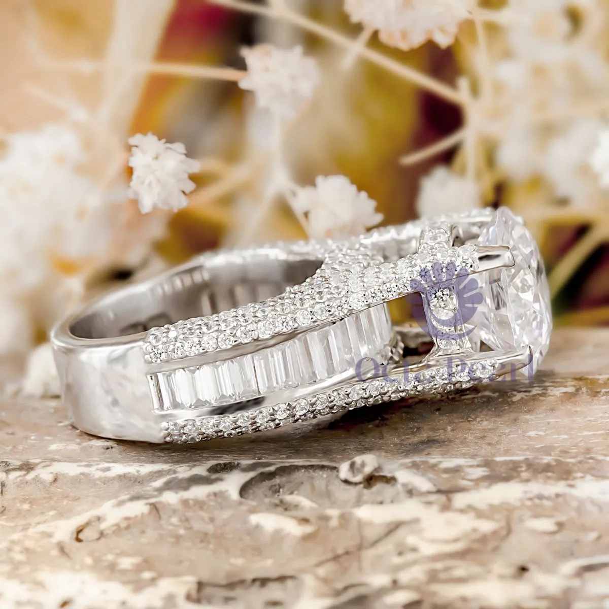 Round & Baguette Stone Bridge Shank Party Wear Ring
