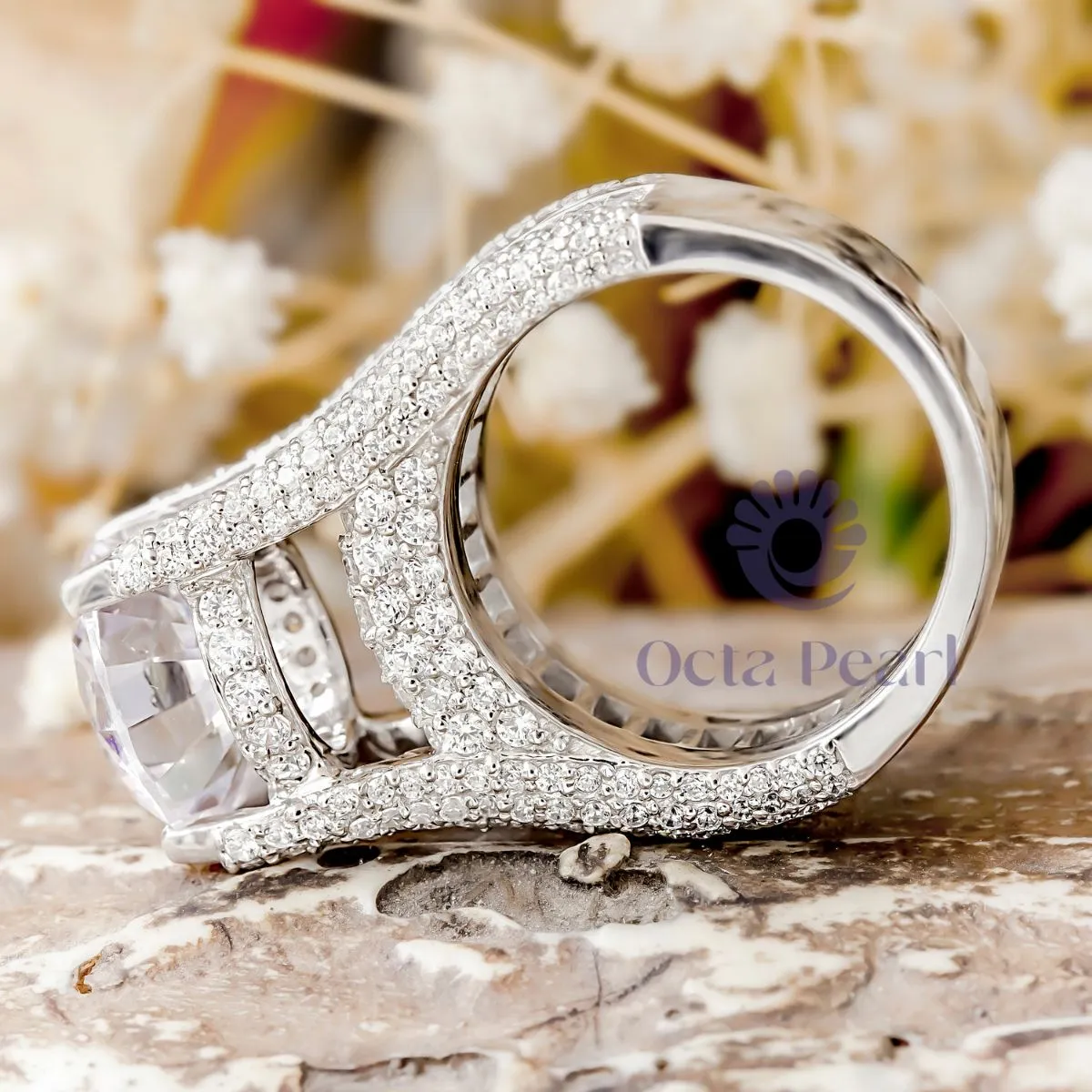 Round & Baguette Stone Bridge Shank Party Wear Ring