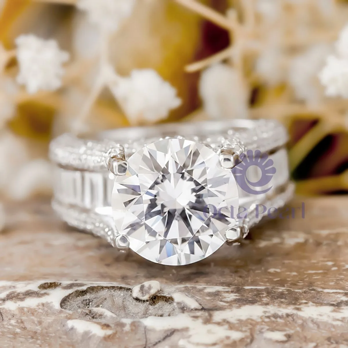 Round & Baguette Stone Bridge Shank Party Wear Ring