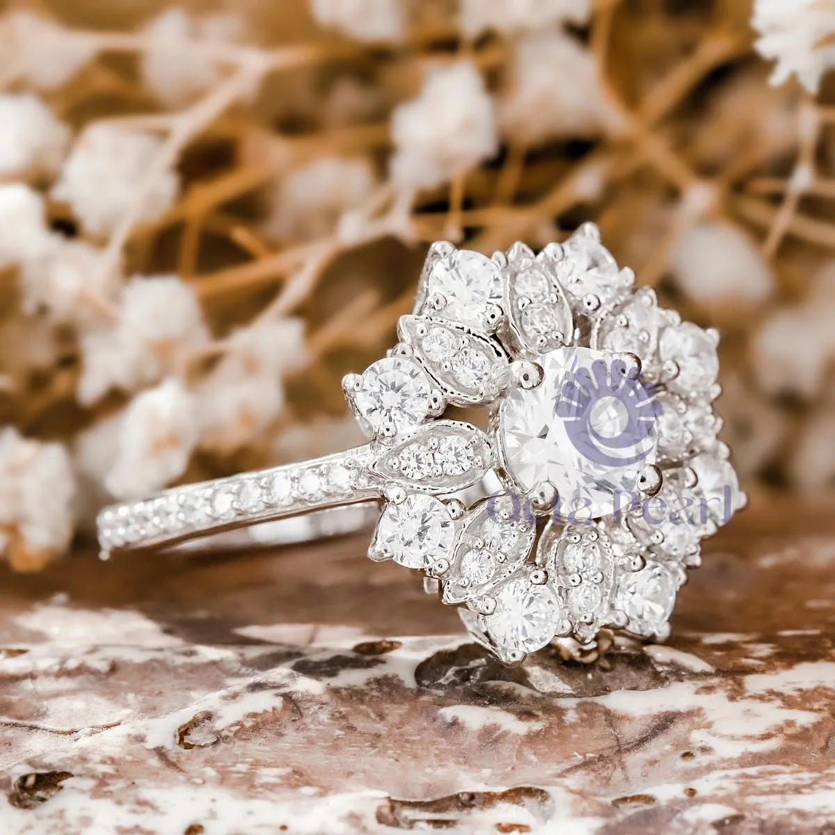 Round Moissanite Milgrain Floral Engagement Ring