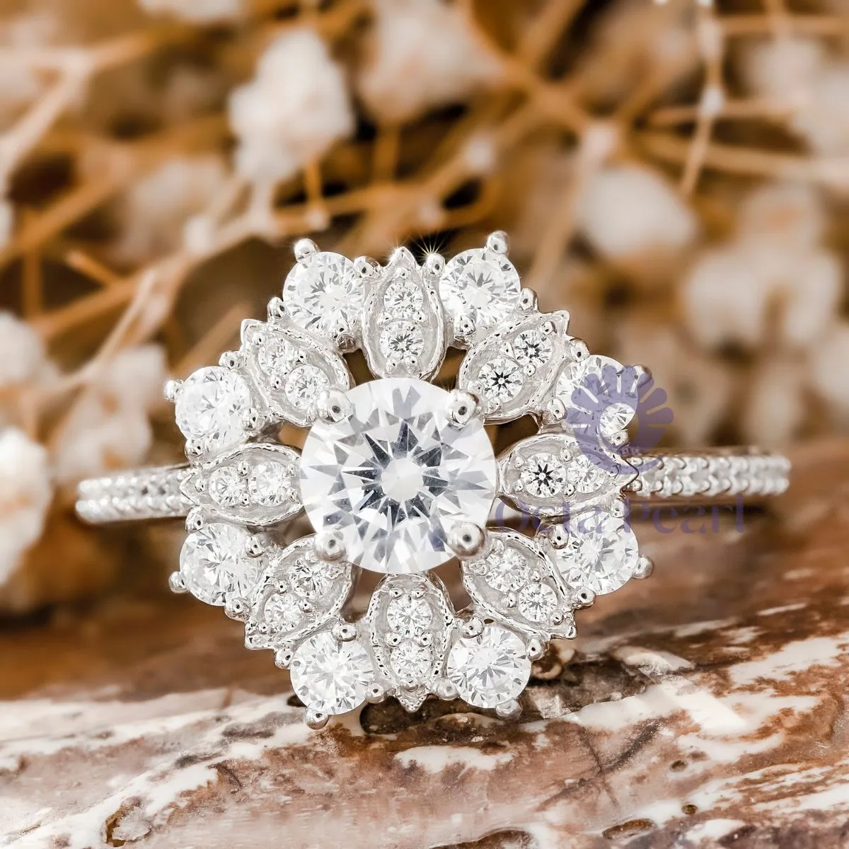 Round Moissanite Milgrain Floral Engagement Ring