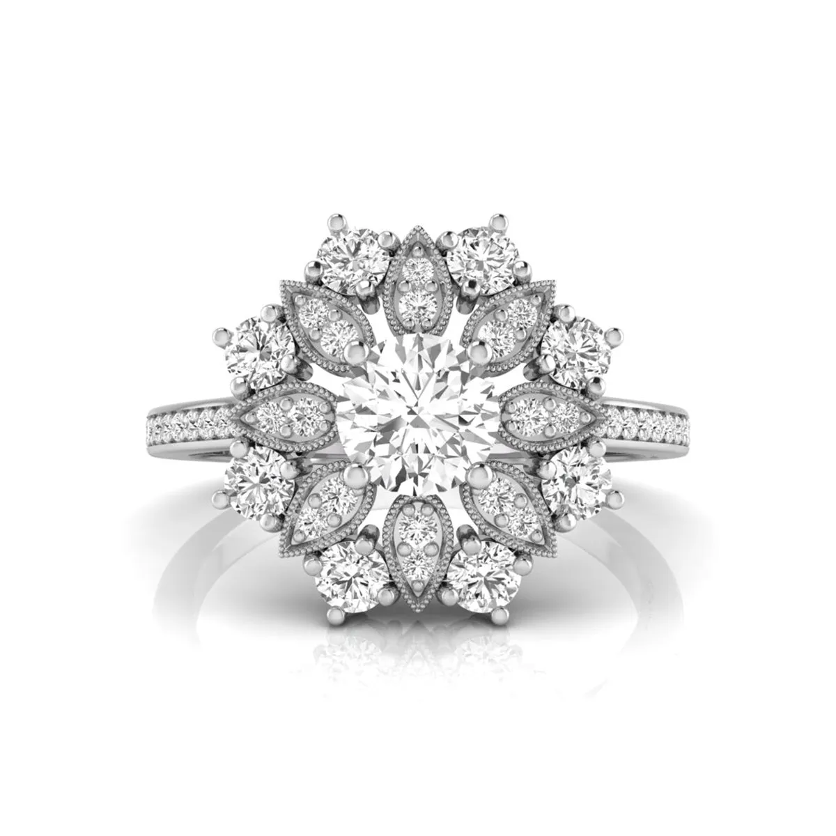 Round Moissanite Milgrain Floral Engagement Ring