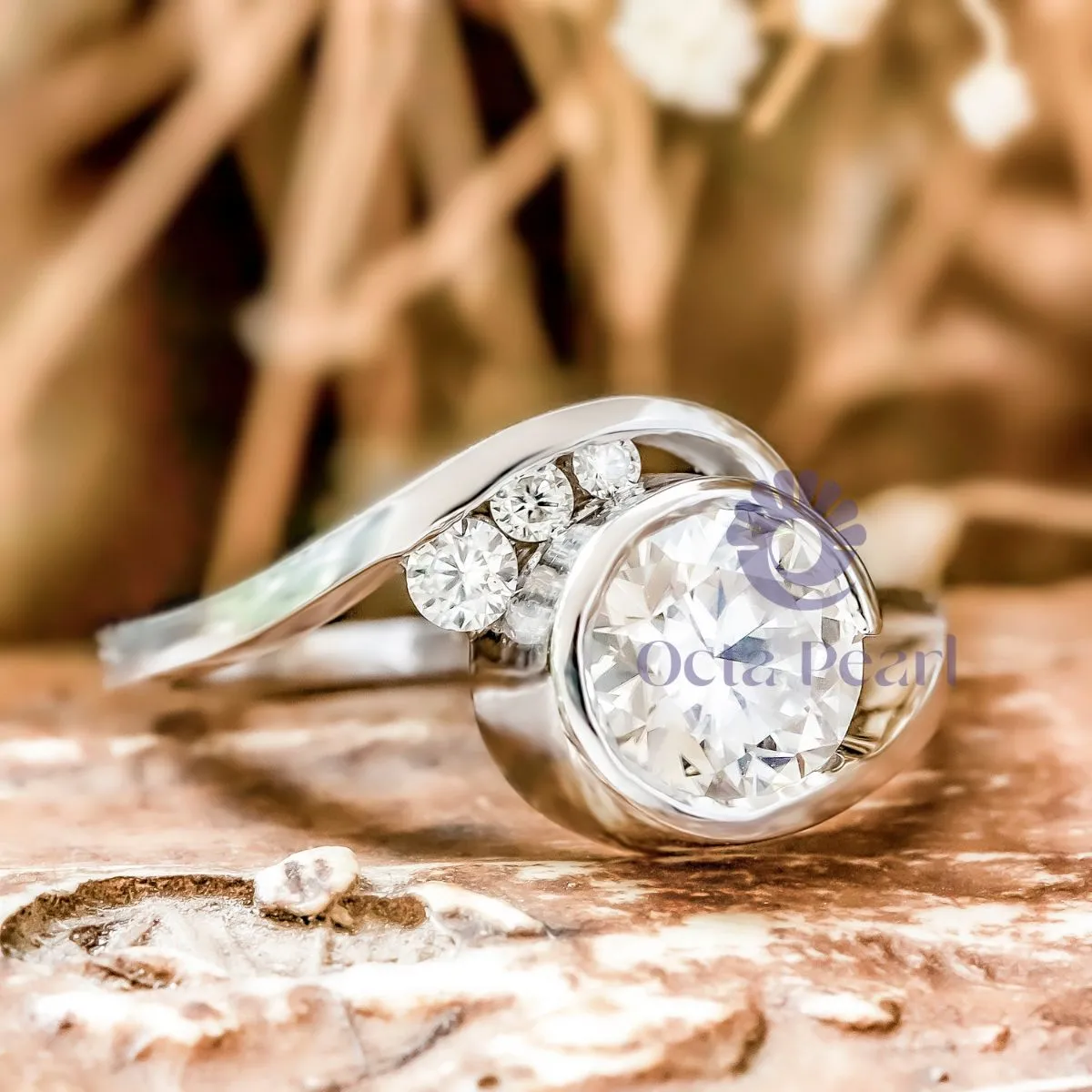 Round Moissanite Swirl Bypass Shank Designer Ring