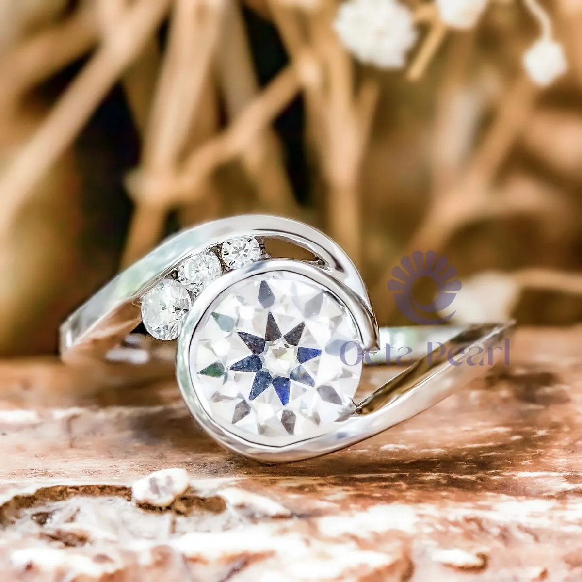 Round Moissanite Swirl Bypass Shank Designer Ring