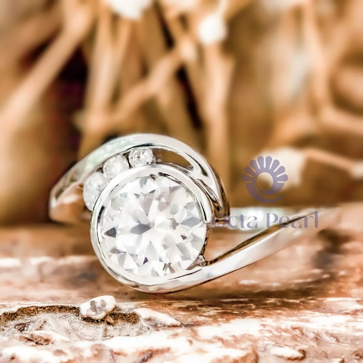 Round Moissanite Swirl Bypass Shank Designer Ring