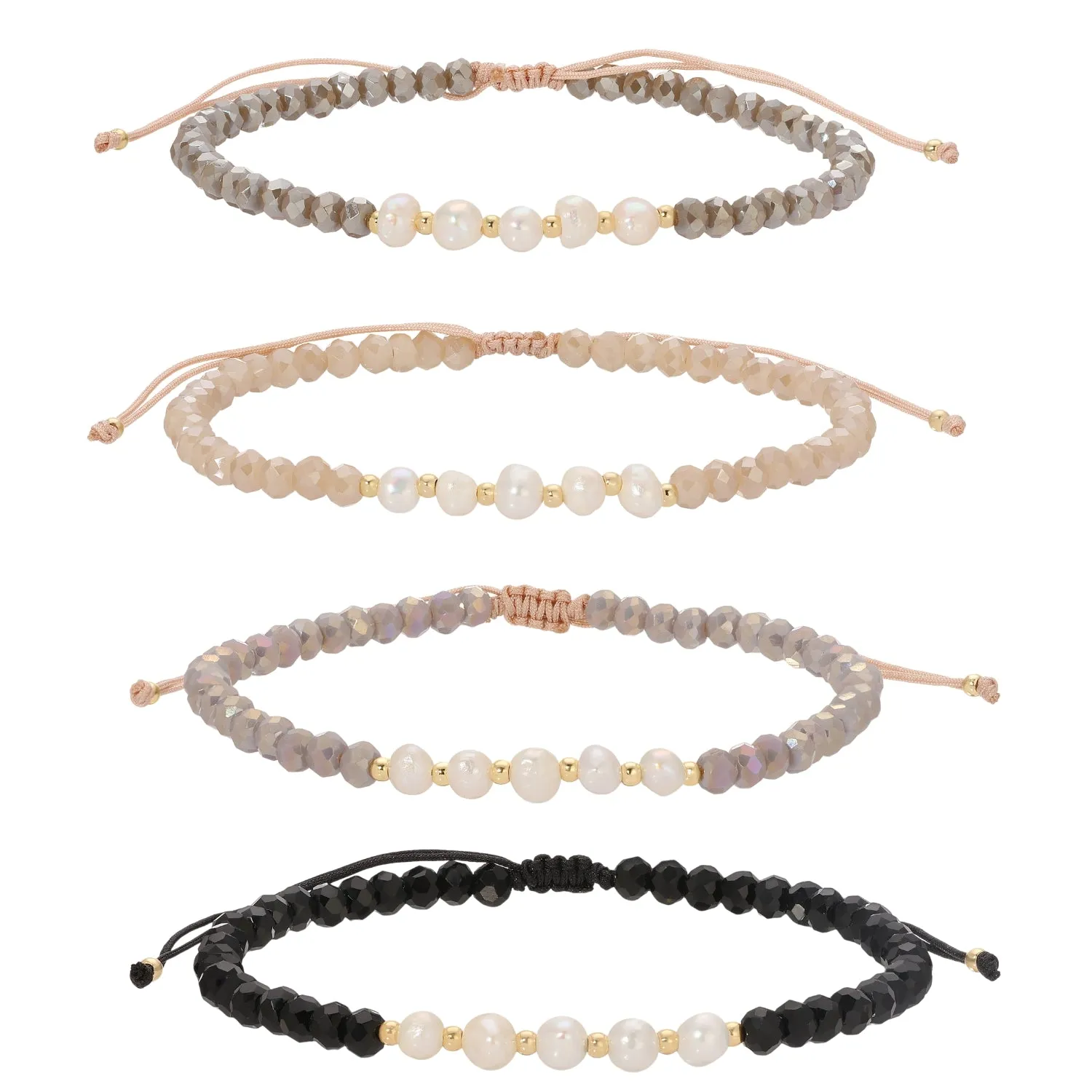 Set/12 Adjustable Crystal and Pearl Bracelets