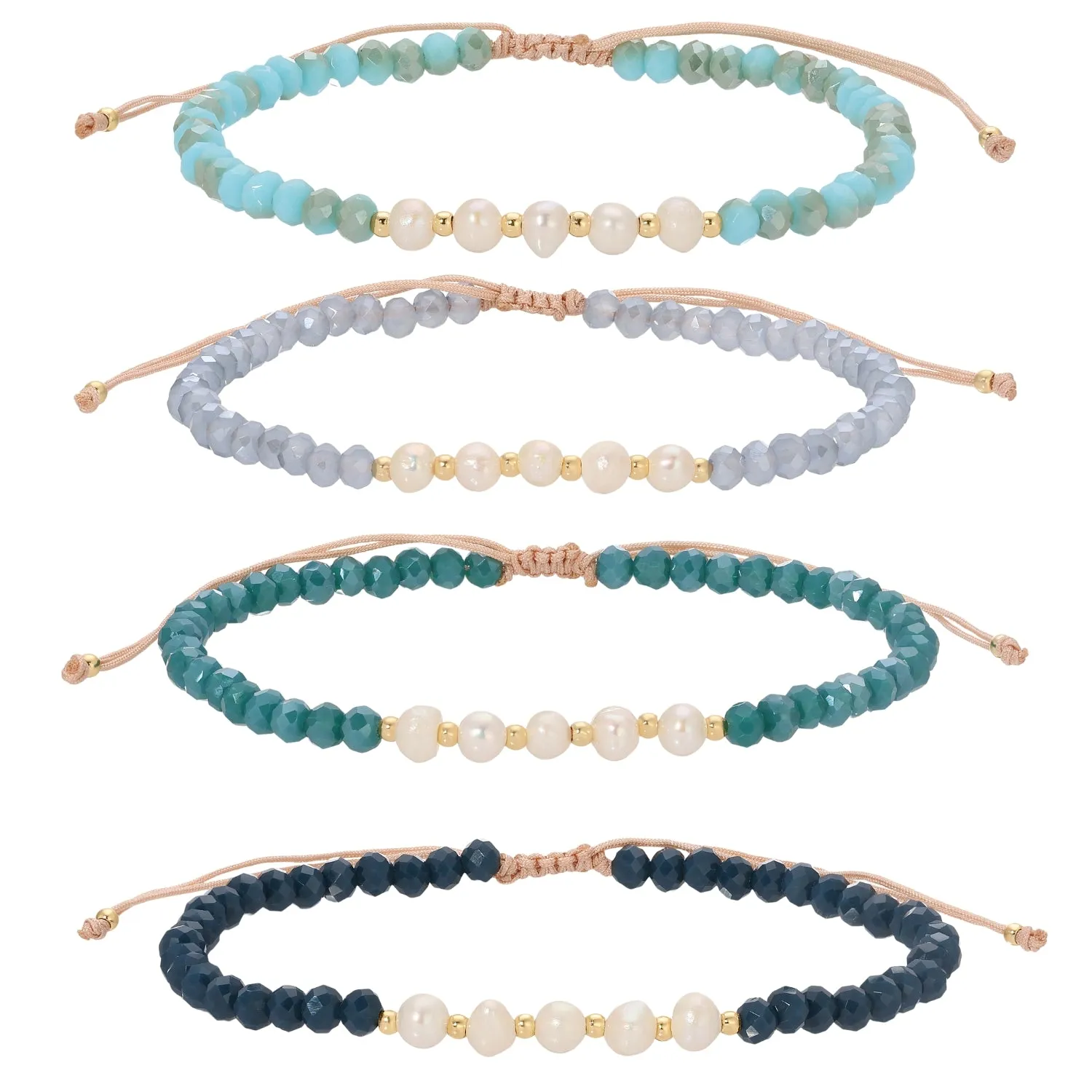 Set/12 Adjustable Crystal and Pearl Bracelets