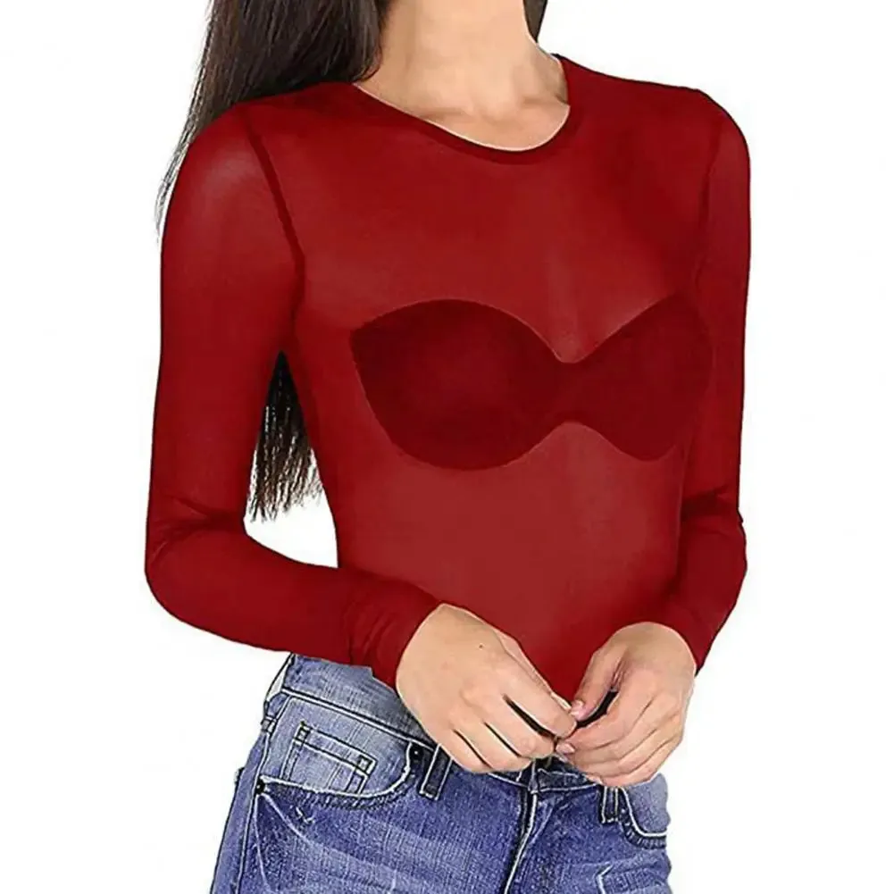 Sexy Women T Shirt See Through Mesh Black Long Sleeve Bodysuit Sheer Slim Turtleneck Tulle Crop Top T-Shirt Transparent Clubwear