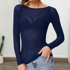 Sexy Women T Shirt See Through Mesh Black Long Sleeve Bodysuit Sheer Slim Turtleneck Tulle Crop Top T-Shirt Transparent Clubwear