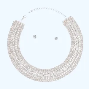 Silver Crystal Mesh Necklace & Earring Set - Elegant Statement Jewelry for Women