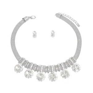 Silver Mesh Choker Necklace Set with Crystal Slides and Matching Earrings - Costume Jewelry