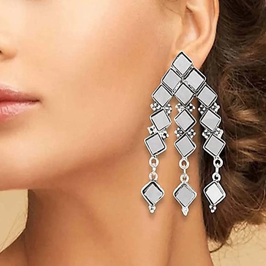 Silver Oxidized Western Mirror Choker With Earrings