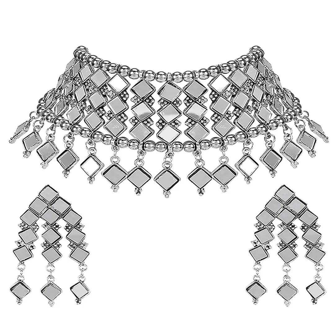 Silver Oxidized Western Mirror Choker With Earrings