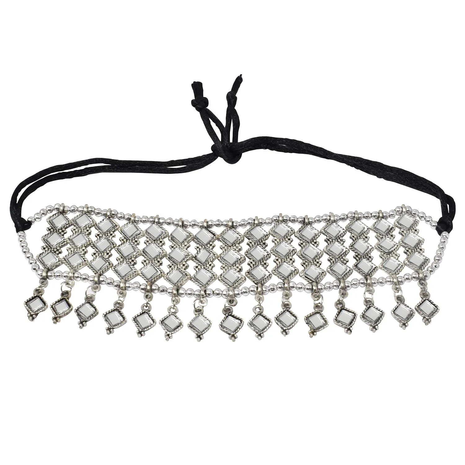 Silver Oxidized Western Mirror Choker With Earrings